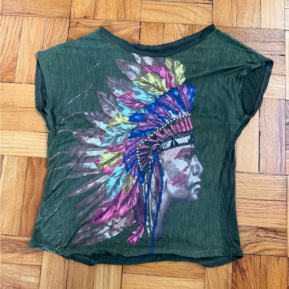 Women’s size S Graphic Tee Army Green with Colorful Headdress Design